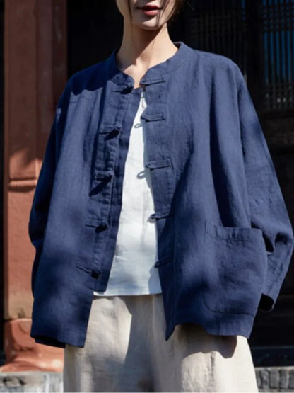 Retro Chinese Cotton Linen Shirt Jacket Women Spring Zen Collar Button Long Sleeve Slimming Linen Outerwear Top