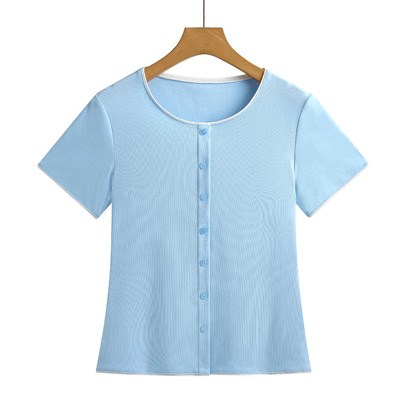 Women Fashion Contrast Edge Button Down T-Shirt Short Sleeve Round Neck Slim Fit Solid Color Casual Summer Blouse Female Tops