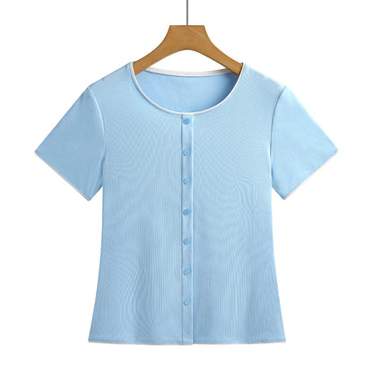 Women Fashion Contrast Edge Button Down T-Shirt Short Sleeve Round Neck Slim Fit Solid Color Casual Summer Blouse Female Tops