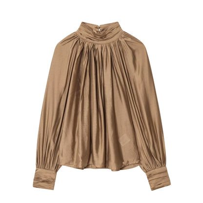 Spring new women's clothing minimalist style stand up collar shoulder inserted lantern long sleeved pleated top