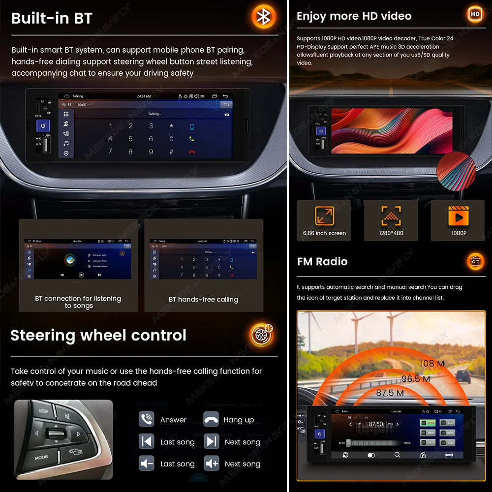 1din 6.86inch HD Touch Screen Multimedia Player Wireless For Apple Carplay Android Auto Support Bluetooth AUX Mirror Link FM SWC
