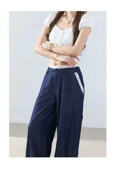 American-style retro loose wide-leg pants, lightweight curved pants, cool lace splicing, versatile casual pants for women