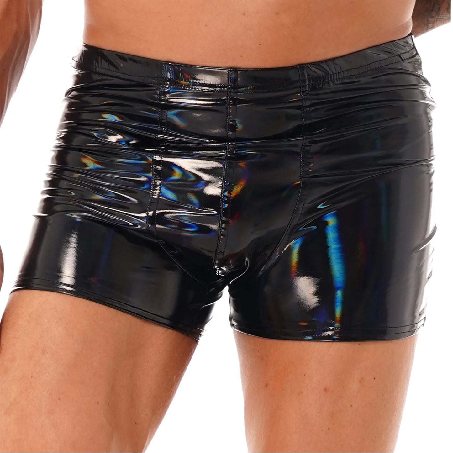 Men Latex PVC Shiny Leather Solid Shorts Pole Dance Costume Bulge Pouch Boxer Briefs Underpants Underwear Short Pants Clubwear
