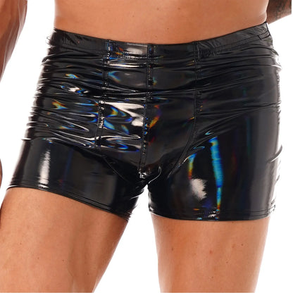 Men Latex PVC Shiny Leather Solid Shorts Pole Dance Costume Bulge Pouch Boxer Briefs Underpants Underwear Short Pants Clubwear