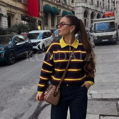 KONDALA 2025 Fall Winter Streetwear Knitted Women POLO Shirts Fashion Elegant Striped Pullover Ladies POLO Shirts