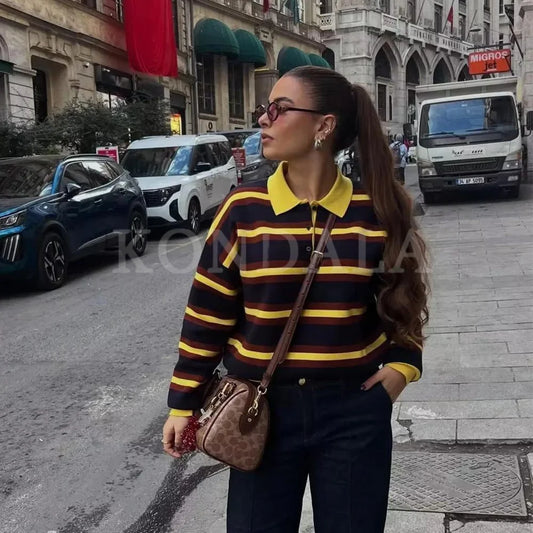 KONDALA 2025 Fall Winter Streetwear Knitted Women POLO Shirts Fashion Elegant Striped Pullover Ladies POLO Shirts