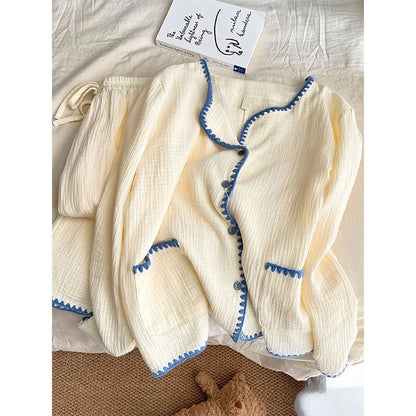 Casual Cotton Pajamas Long Sleeve Sleepwear Women's Spring Autumn Style Comfortable Home Clothes Set Wide Leg Pants Outfit