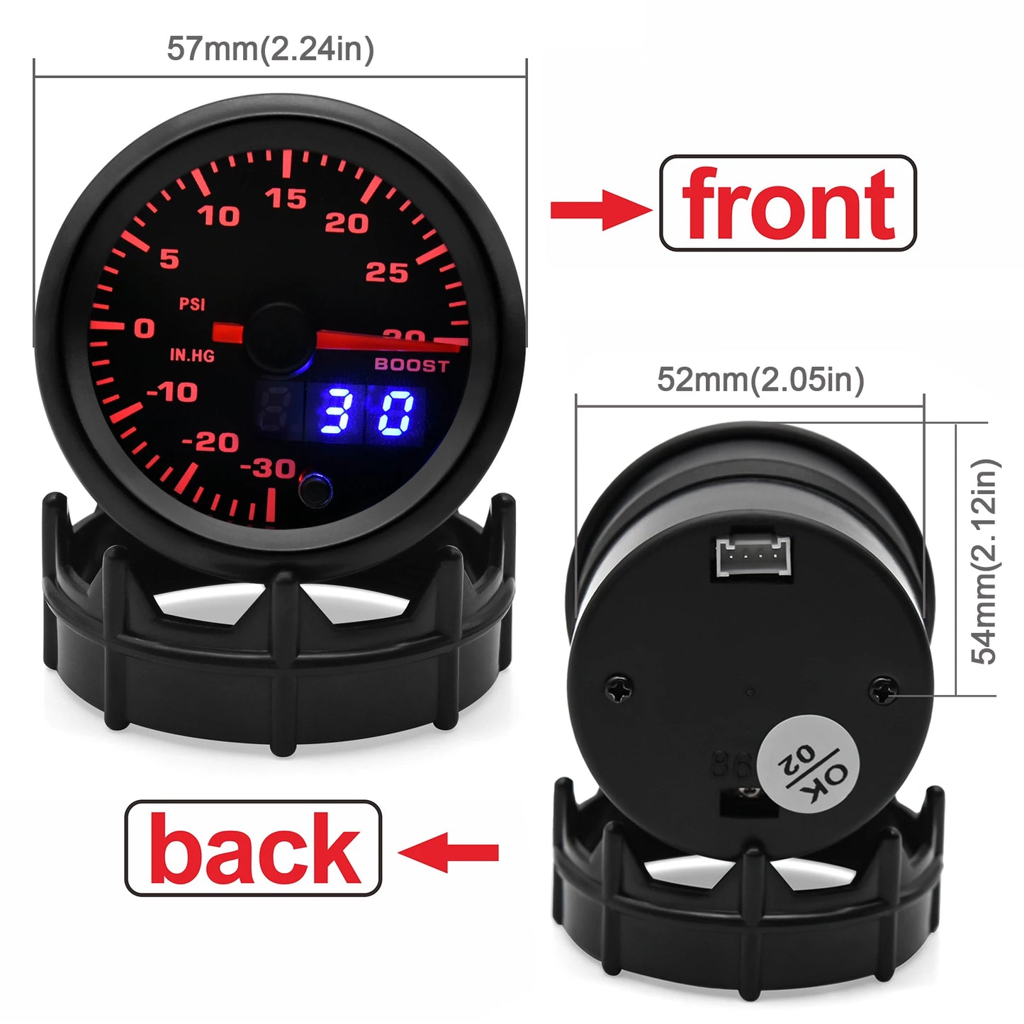 2" 52mm 7 Color LED Dual Display Gauge Boost PSI Boost BAR Water / Oil Temp Oil Pressure Voltmeter Air Fuel Ratio EGT Tachometer