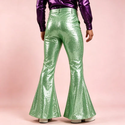 Men's Sequin Flare Pants High Waist Sparkly Bell Bottom Trousers Shiny Glitter Stretchy Breathable for Stage Performance Party