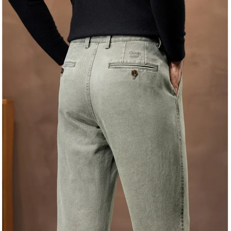 Thicken Autumn Winter Pants Man Straight Loose Mid Rise Black Brown Denim Casual Trousers For Men Size 40 42 44