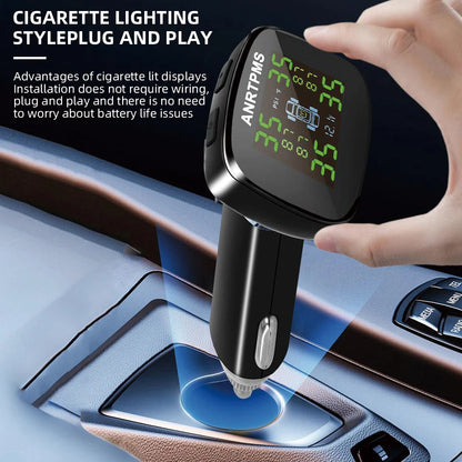 ACCEO TPMS Wireless Cigarette Lighter Tire Pressure Monitoring System USB Output Tire Pressure Monitor Temperature/Tire Warning