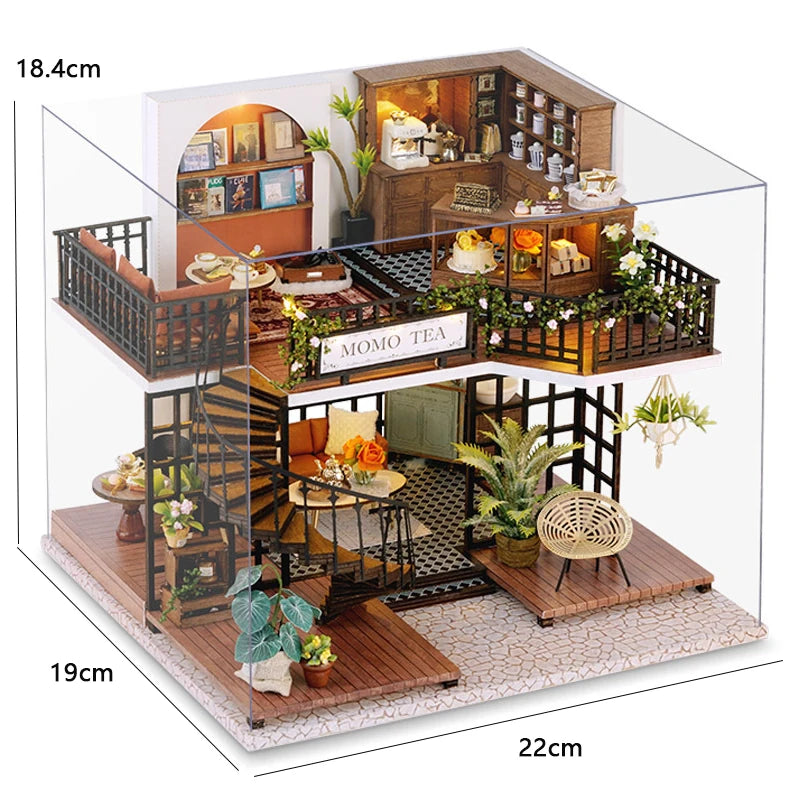Vintage Coffee Shop DIY Miniature Dollhouse Kit with LED Light 3D Wooden Puzzle Building Kit Full Furniture Creative Craft Gifts