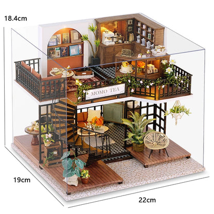 Vintage Coffee Shop DIY Miniature Dollhouse Kit with LED Light 3D Wooden Puzzle Building Kit Full Furniture Creative Craft Gifts