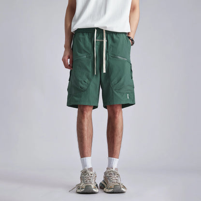 Fashion Men Techwear Diagonal Zip Big Pockets Cargo Shorts 2026 Summer Loose Breathable Outdoor Straight 5 Inch Bermuda Shorts