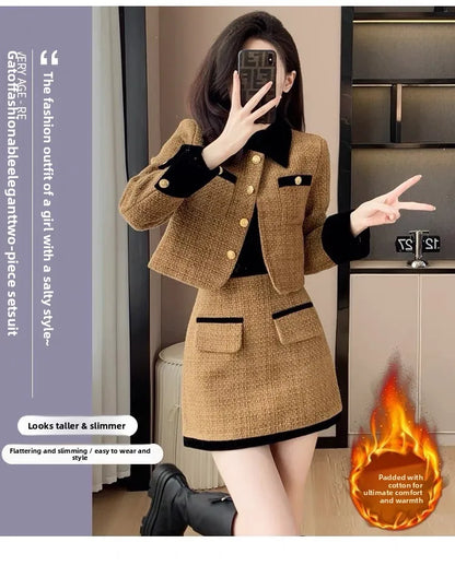 High-End  Style Women's Outerwear Set Autumn Winter New Design High Waist  Skirt Two-Piece Suit Fashionable And Warm