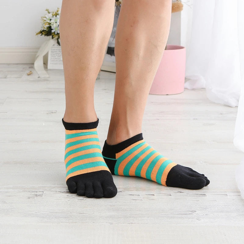 5 Pairs/lot Combed Cotton Ankle 5 Finger Socks Men Boy Striped Colorful Casual Sweat-Absorbing Breathable Boat No Show Toes Sock