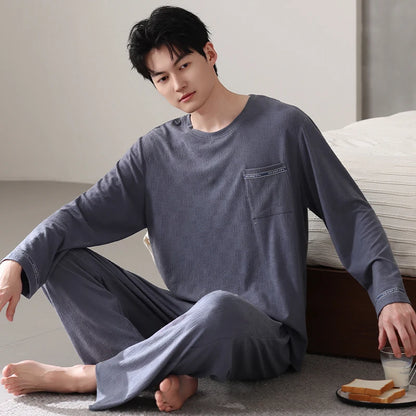 High Quality Autumn Men Pajamas Set Knited Cotton Casual Sleepwear Male Long Sleeve Pyjamas