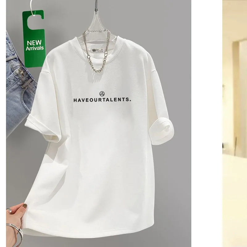 Women's Clothing Cotton T-shirt Spring/Summer Small Letters Short Sleeve Casual Tees Lady Versatile O-neck Basic Large Size Tops