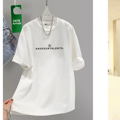 Women's Clothing Cotton T-shirt Spring/Summer Small Letters Short Sleeve Casual Tees Lady Versatile O-neck Basic Large Size Tops