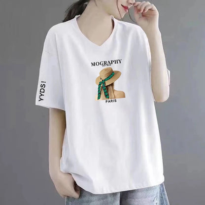 100% Pure Cotton V-Neck Short Sleeve T-Shirt Women's Loose Fashionable Printed Mom Top Trendy Korean Style Summer Wear
