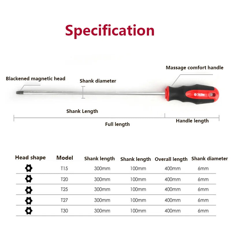 15.7inch Extra Long Torx Magnetic Screwdriver with Hole S2 Steel T15 T20 T25 T27 T30 for Home Automobile Repair Hand Tool