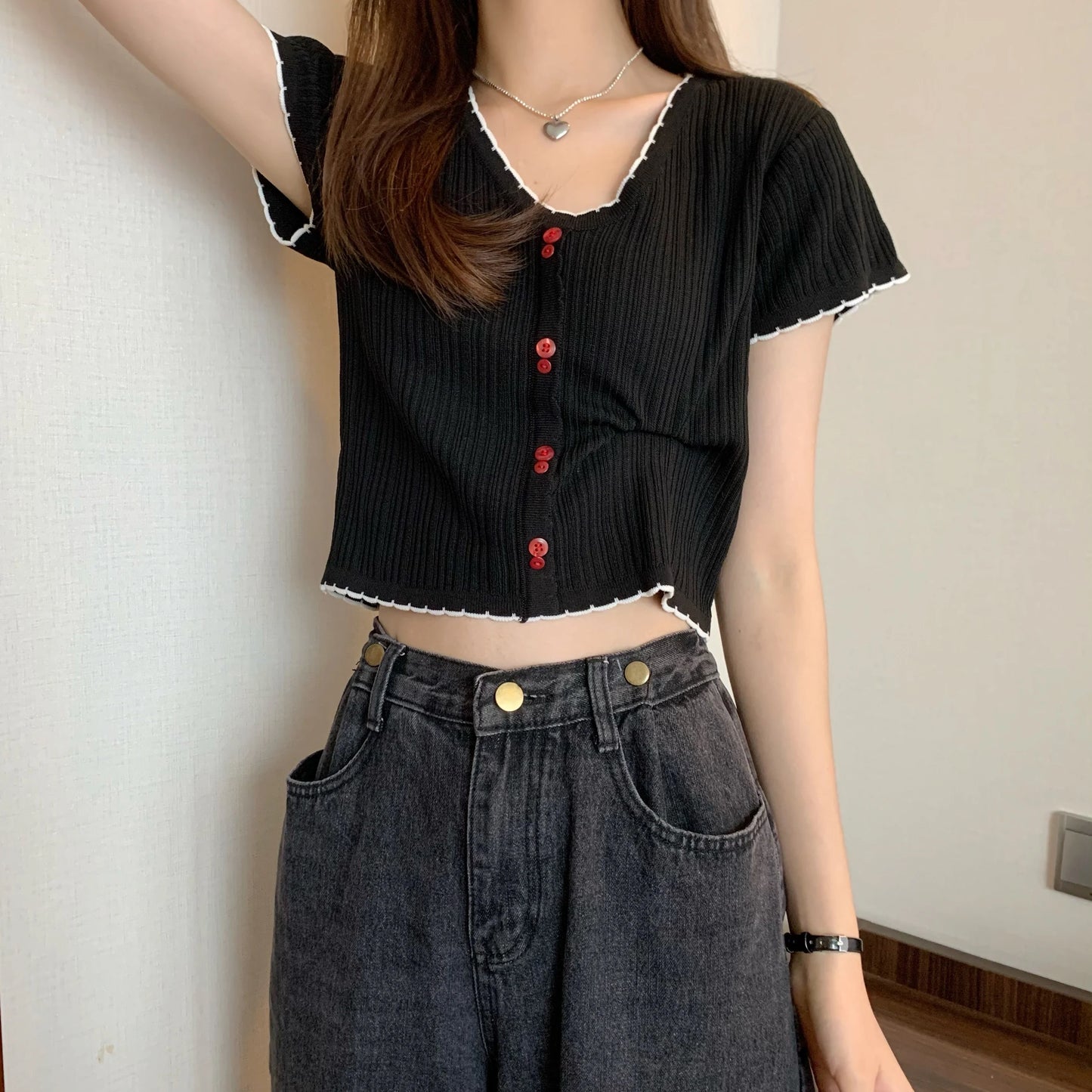 Summer Women's Ice Silk Knitted T-shirt Short Sleeve Striped High Waist Design Sweet And Spicy Belly Button Short Top