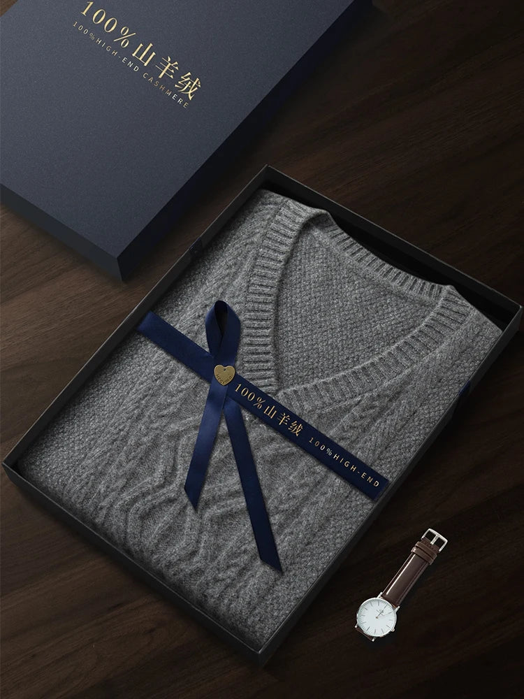 Men's 100% pure cashmere vest for men's autumn and winter wool sweater V-neck pullover sweater thickened warm wool vest