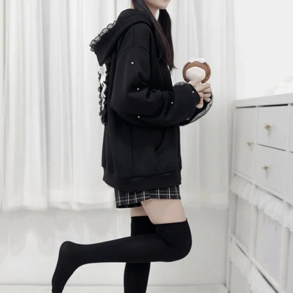 Long Sleeve Strapped Rabbit Ear Hoodie Thick Warm Lolita JK Cardigans Women Y2K Ladies Top Winter Autumn Lace Bow Coats Female