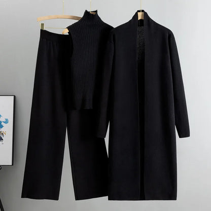 2025 Autumn Winter Women Long Cardigan 3 Piece Set Knit Pants High Neck Vest Wide Leg Trousers Outfit