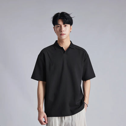 Fashion Men Solid V Neck Polo Shirts 2026 Summer Air Cotton Luxury Old Money Style Short Sleeve Tops Casual Versatile Tees
