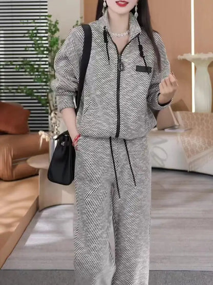 Fashion Casual Striped Top Sports Two-piece Set for Women's Spring and Autumn New Style Loose and Slim Wide Leg Pants Set