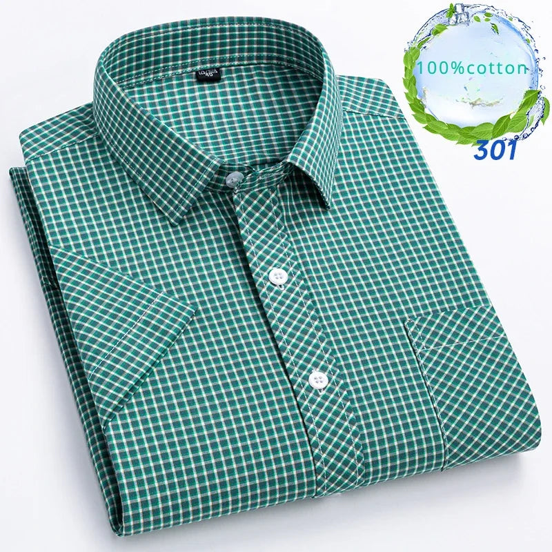 New in Shirt Over Size 100% Cotton Thin Summer Short Sleeve Shirts for Men Slim Fit Plain Shirt Plaid Soft Korean Popular Clothe
