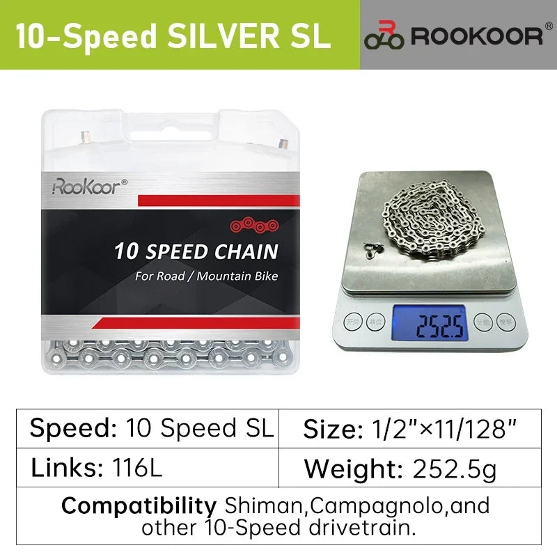 Rookoor Bicycle Chain 6 7 8 9 10 11 Speed Velocidade Titanium Plated TI Gold Silver Mountain Road Bike MTB Chains Part 116 Links