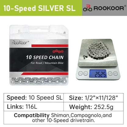 Rookoor Bicycle Chain 6 7 8 9 10 11 Speed Velocidade Titanium Plated TI Gold Silver Mountain Road Bike MTB Chains Part 116 Links
