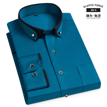 Fashion Color Contrast Men's Elastic Non-iron Long-sleeved Business Shirts Diamond Button Single Pocket Comfort Workwear Clothes