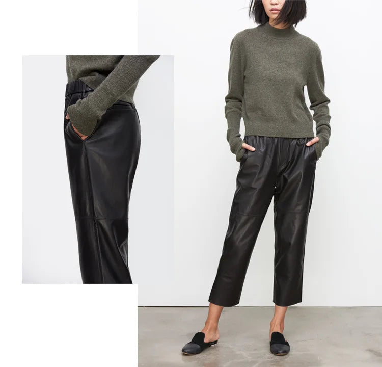 2026 New Streetwear Plus Size Pants Y2k Fashion Genuine Leather Harem Pants Women Real Sheepskin Trousers High Elastic Waist