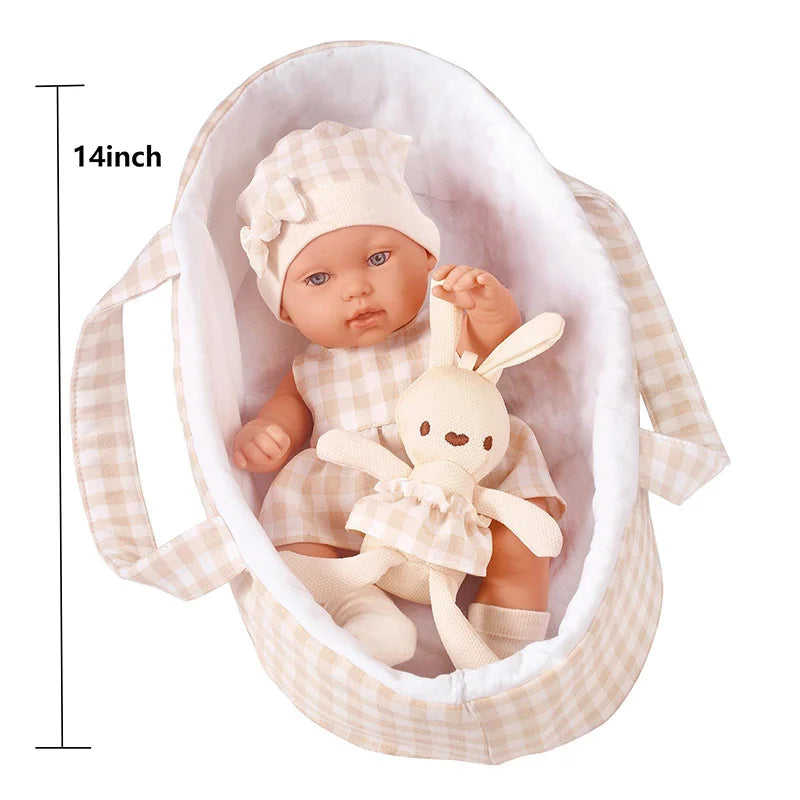 14inch 35cm Baby Doll with Clothes Cute Rabbit with Sleeping Basket Bebe Reborn Doll Kids Soothing Newborn Doll Girls Gift