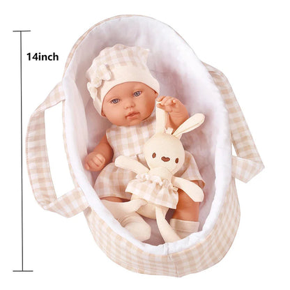 14inch 35cm Baby Doll with Clothes Cute Rabbit with Sleeping Basket Bebe Reborn Doll Kids Soothing Newborn Doll Girls Gift
