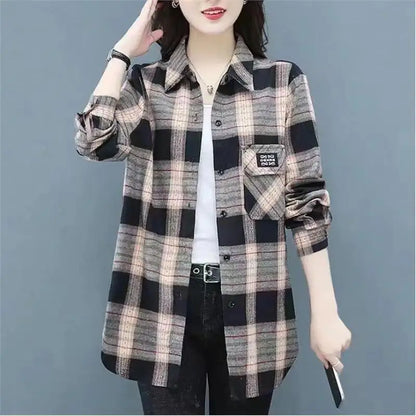 Sun Protection Long Sleeve Cotton Shirt Casual Plaid Women's Top Mom's Shirt Middle-Aged Women's Fashion Autumn 2025