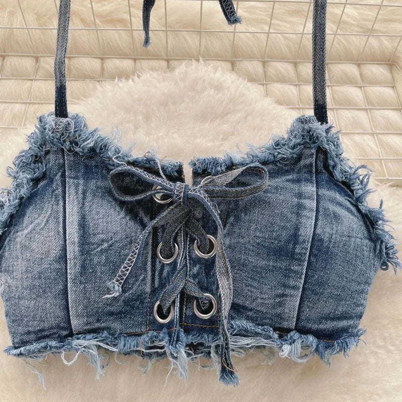 Retro Women Bikini Denim Suits Summer Halter Camis+ Mini Pant Lingerie Fashion Vacation Swimsuits Sexy Bra&Briefs Sets