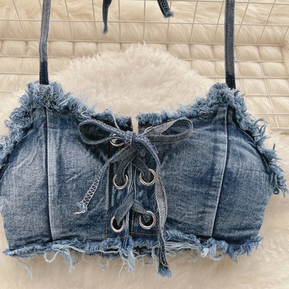 Retro Women Bikini Denim Suits Summer Halter Camis+ Mini Pant Lingerie Fashion Vacation Swimsuits Sexy Bra&Briefs Sets