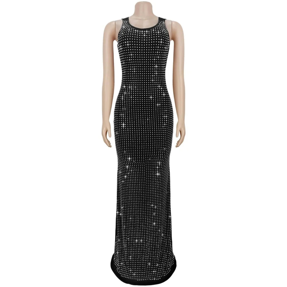 RLMABABY Sexy Swinging Collar Diamond Women Club Bodycon Dress Sleeveless Backless Evening Party Long Prom Dress