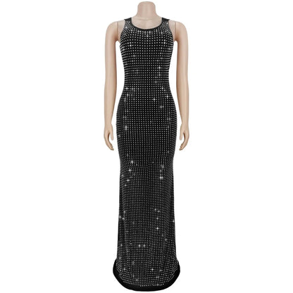 RLMABABY Sexy Swinging Collar Diamond Women Club Bodycon Dress Sleeveless Backless Evening Party Long Prom Dress