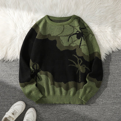 Double-Sided Spider Jacquard Knit Men's Sweater, Designed with Patchwork, Crew Neck, Long Sleeves, Regular Fit, Suitable for Couples, Perfect for Autumn and Winter