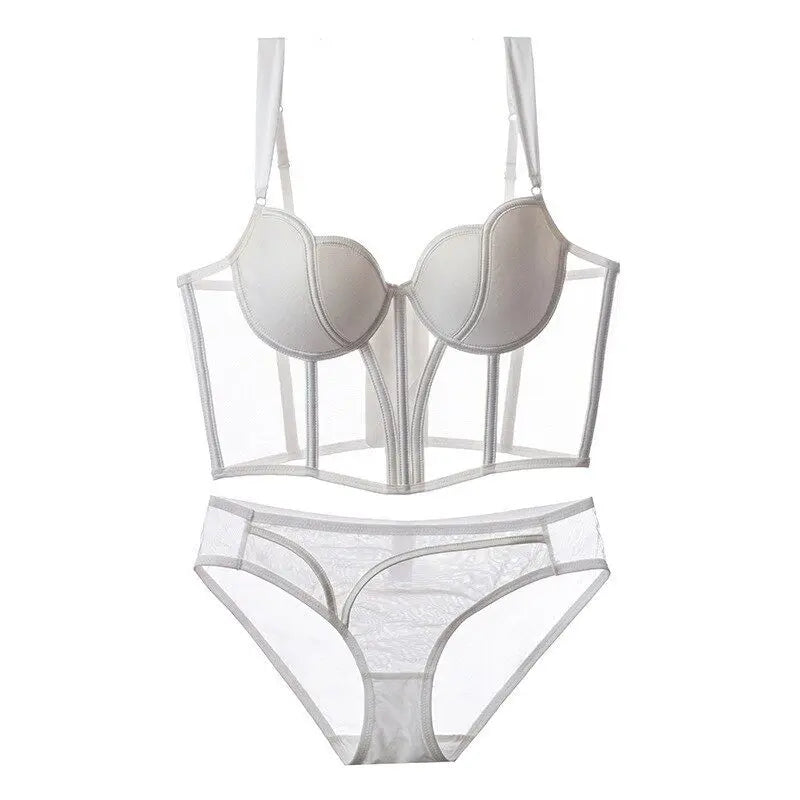 French Style Fishbone Corset Bra Set Push Up Thin Lingerie For Small Breasts Full Support Anti Sag Plus Size S-XL Sexy Underwear