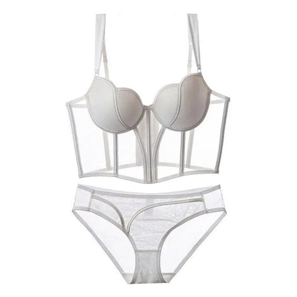 French Style Fishbone Corset Bra Set Push Up Thin Lingerie For Small Breasts Full Support Anti Sag Plus Size S-XL Sexy Underwear