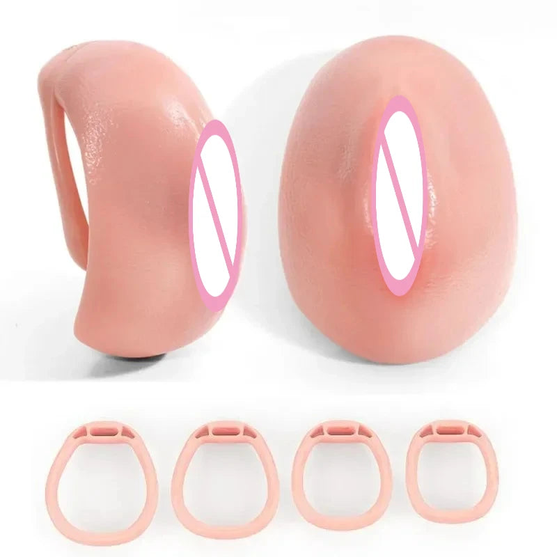 Realistic Pussy Hole Chastity Cage with 4 Size Penis Rings for Men Curve Vagina Texture Cock Lock Bondage Sex Toys for Gay Sissy