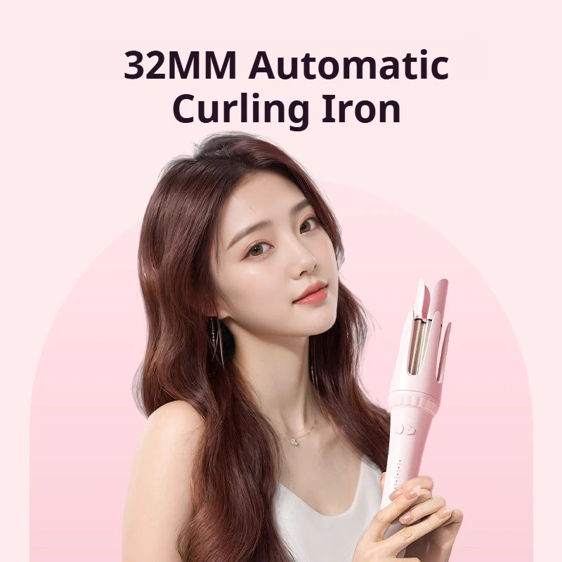 Automatic Rotating Curling Iron 32mm Negative Ions Curling Wand for Beach Waves Anti-Scald Hair Curler for Women