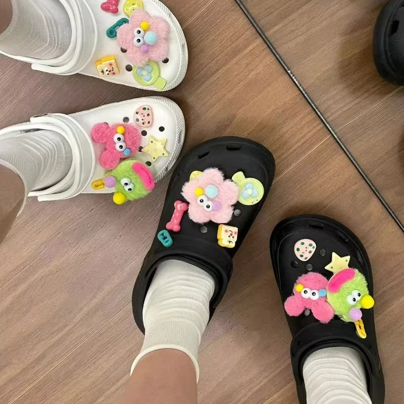 New Winter Plush Shoe Charms Set Cartoon Sausage Mouth Big Eyes Shoe Decorations For Clogs Suitable For Diy Sandals Party Gifts