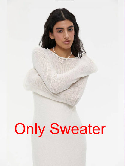 Spring Autumn O-Neck Elastic Knit Long Dresses Women 2024 Elegant Chic Soft Lady Hollowing Sweater Dresses Femme New